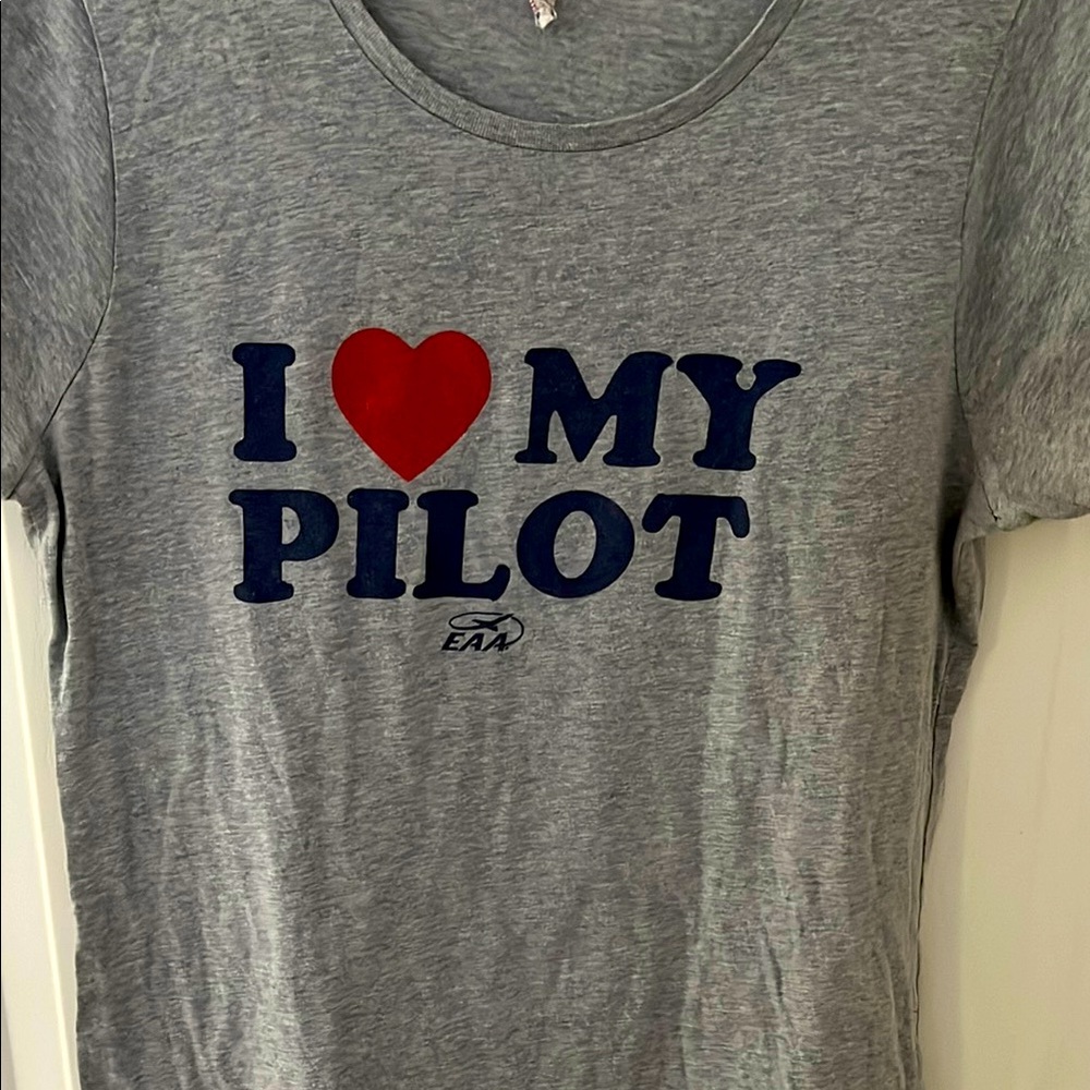 Alstyle Gray and Blue Short Sleeve Tee with Graphic Design “I ❤️ my pilot”